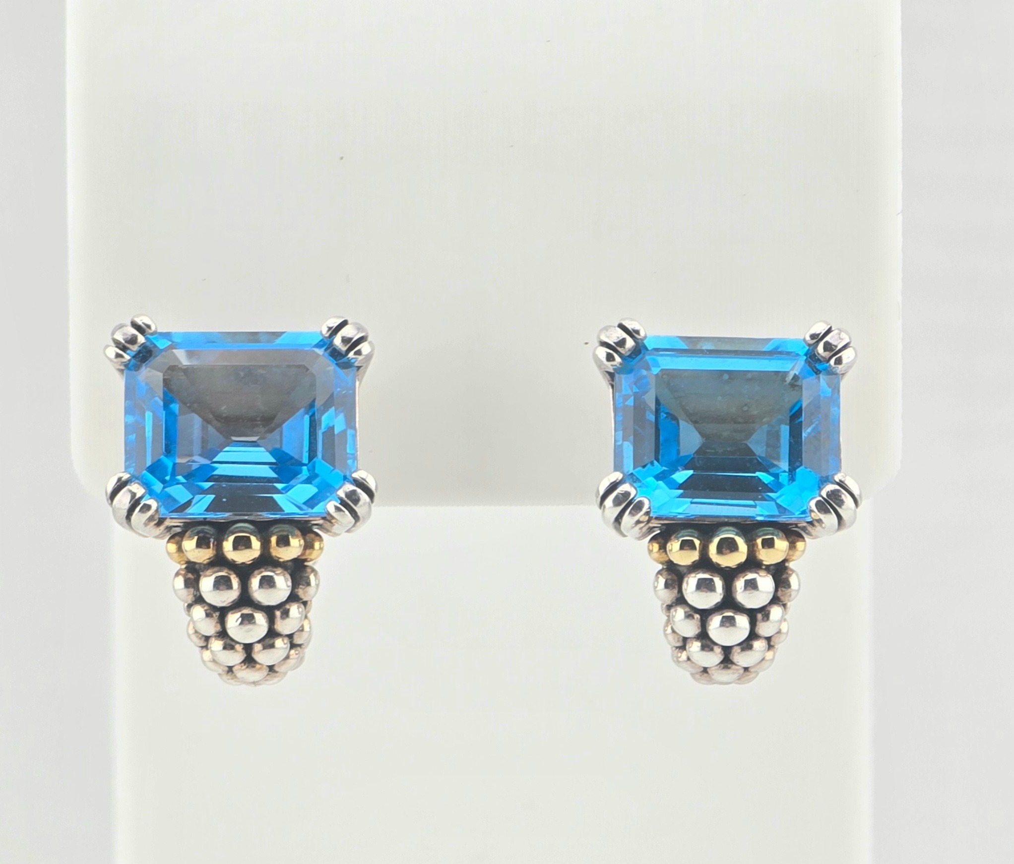 LAGOS 18KW AND .925 BIG SQUARE BLUE TOPAZ EARRINGS W CAVIAR LEVER BACK