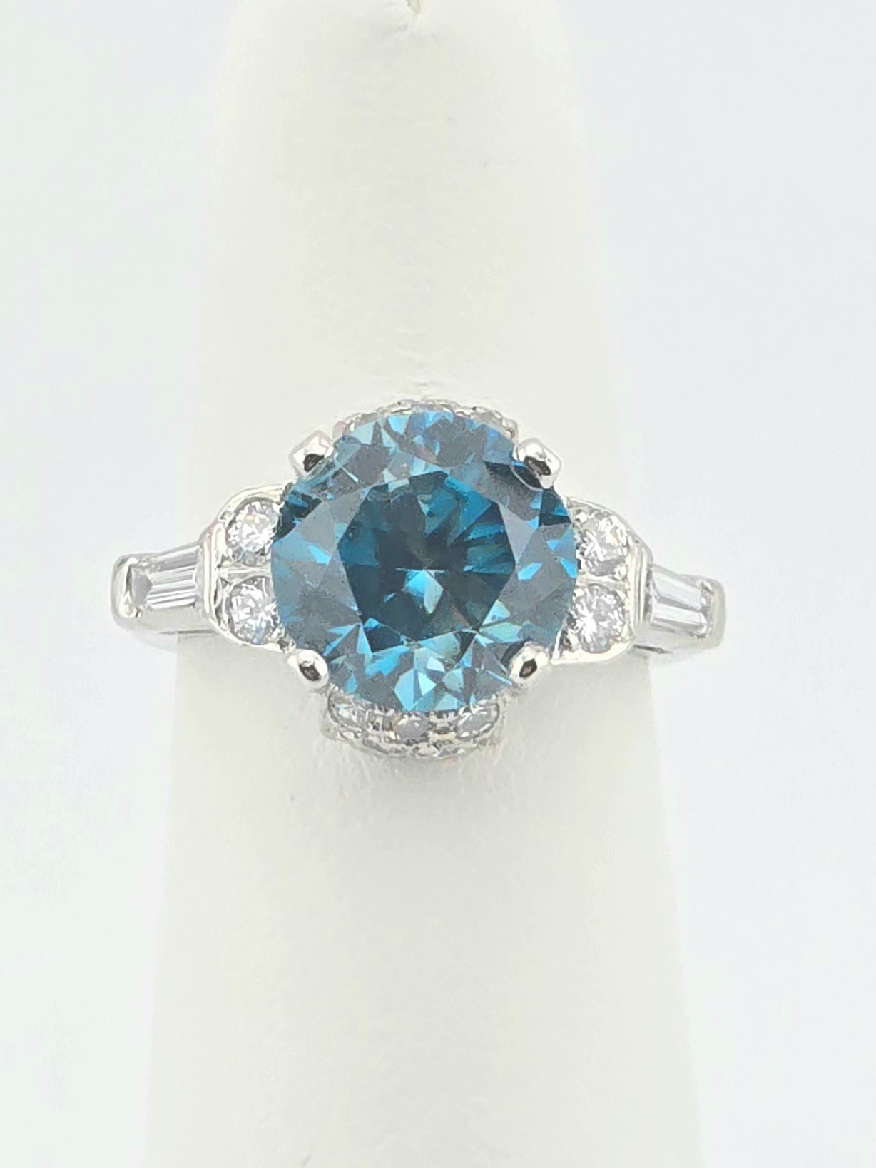 PLATINUM BLUE ZIRCON ~6.1CT DIAMOND ~0.40CTW ~H-J ~VS2 RING SIZE 6