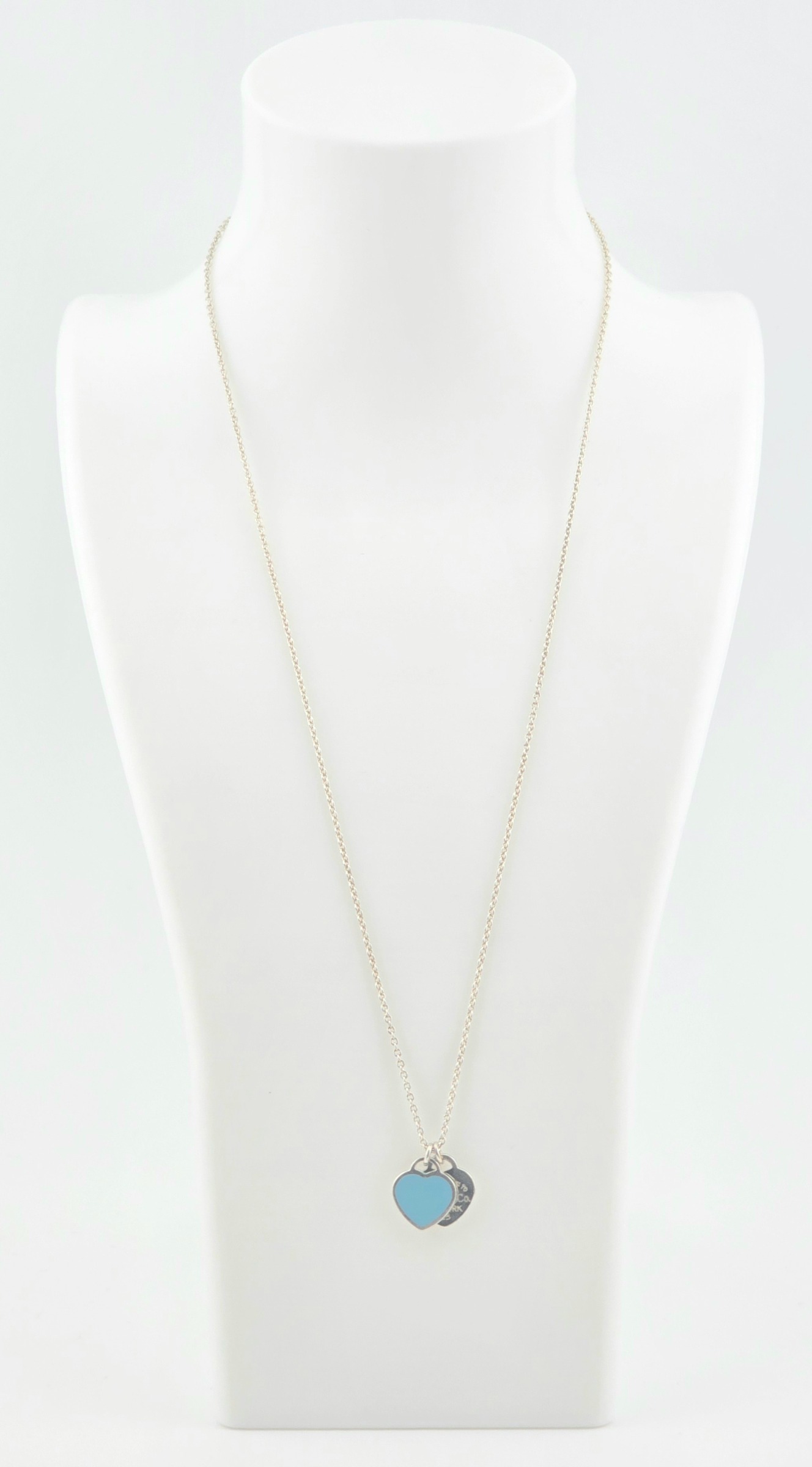 TIFFANY & CO .925 DOUBLE RETURN HEART NECKLACE ONE WITH BLUE ENAMEL 18