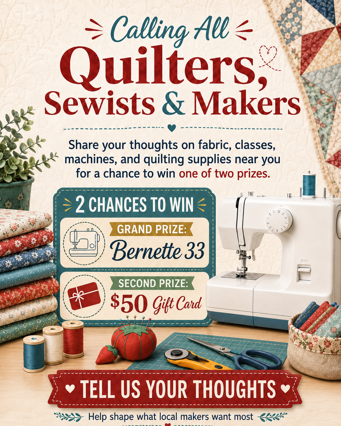 Calling all quilters, sewists, and makers. Share your thoughts for a chance to win a Bernette 33 sewing machine or a $50 gift card.
