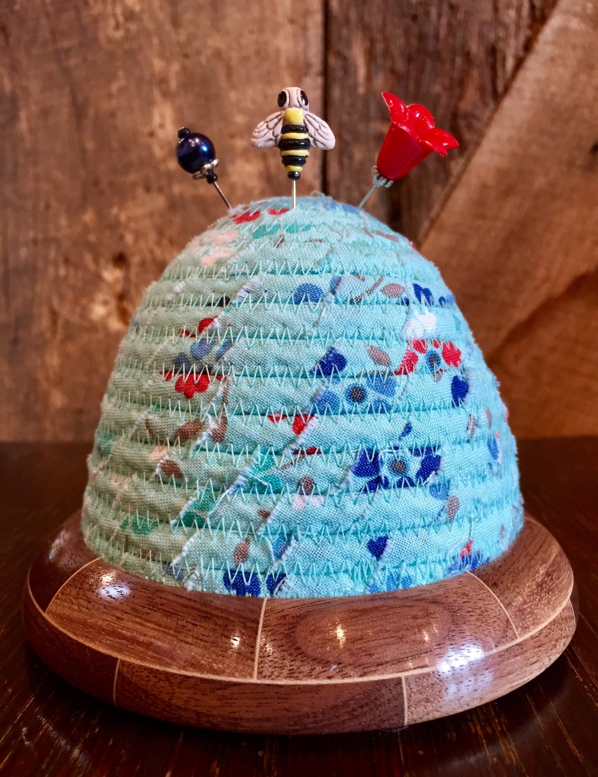 Beehive Pincushion Backyard Blooms Aqua Top Walnut / Maple Base