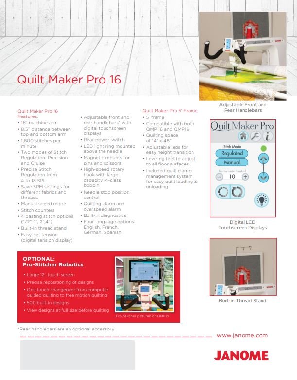 Janome Quilt Maker Pro 16 with Bobbin Winder and 5' Frame