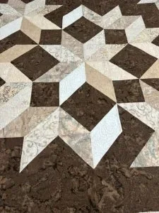 brown, tan, munted batiks in browns and creams making up the star patterns in this quilt.