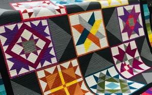 star quilt with large blocks quilted with ripple lines and black trainge shashing.