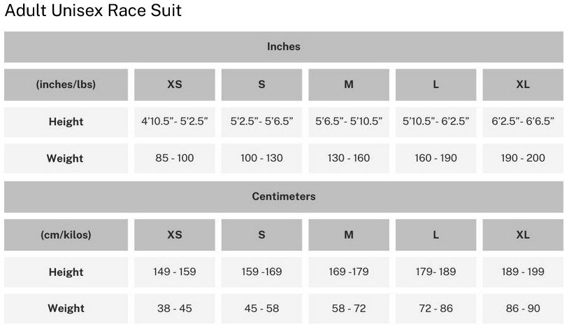 Arctica Adult GS Suit Size Guide