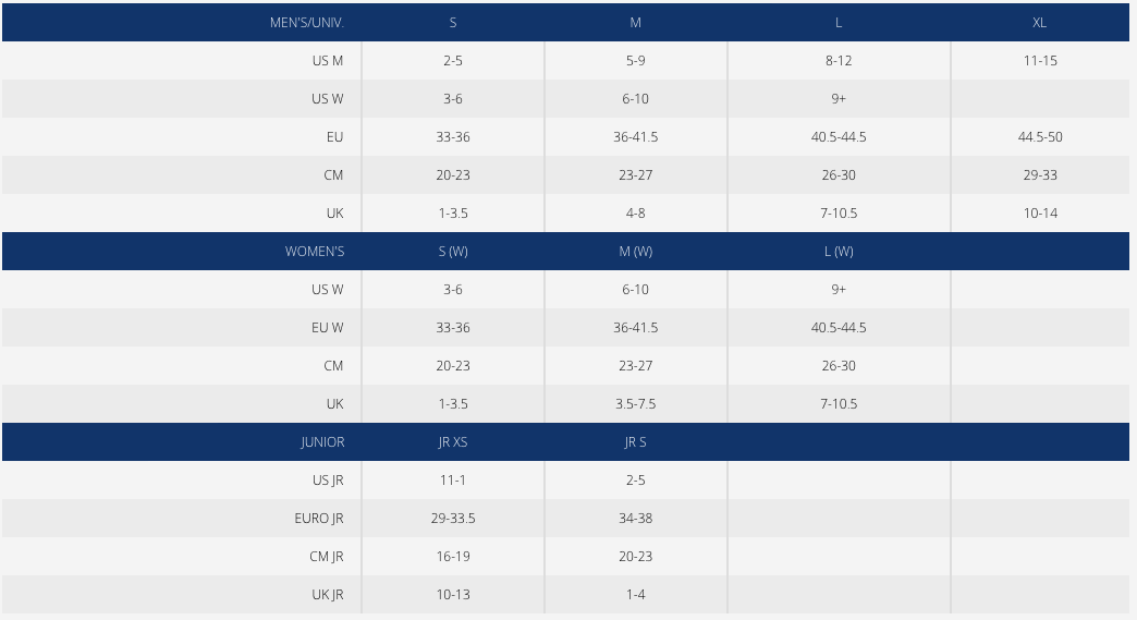 K2 Sonic Bindings Size Chart