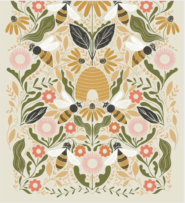 Moda Bee Garden by Gingiber 1 yard Panel Porcelain Metallic Cotton Woven Panel