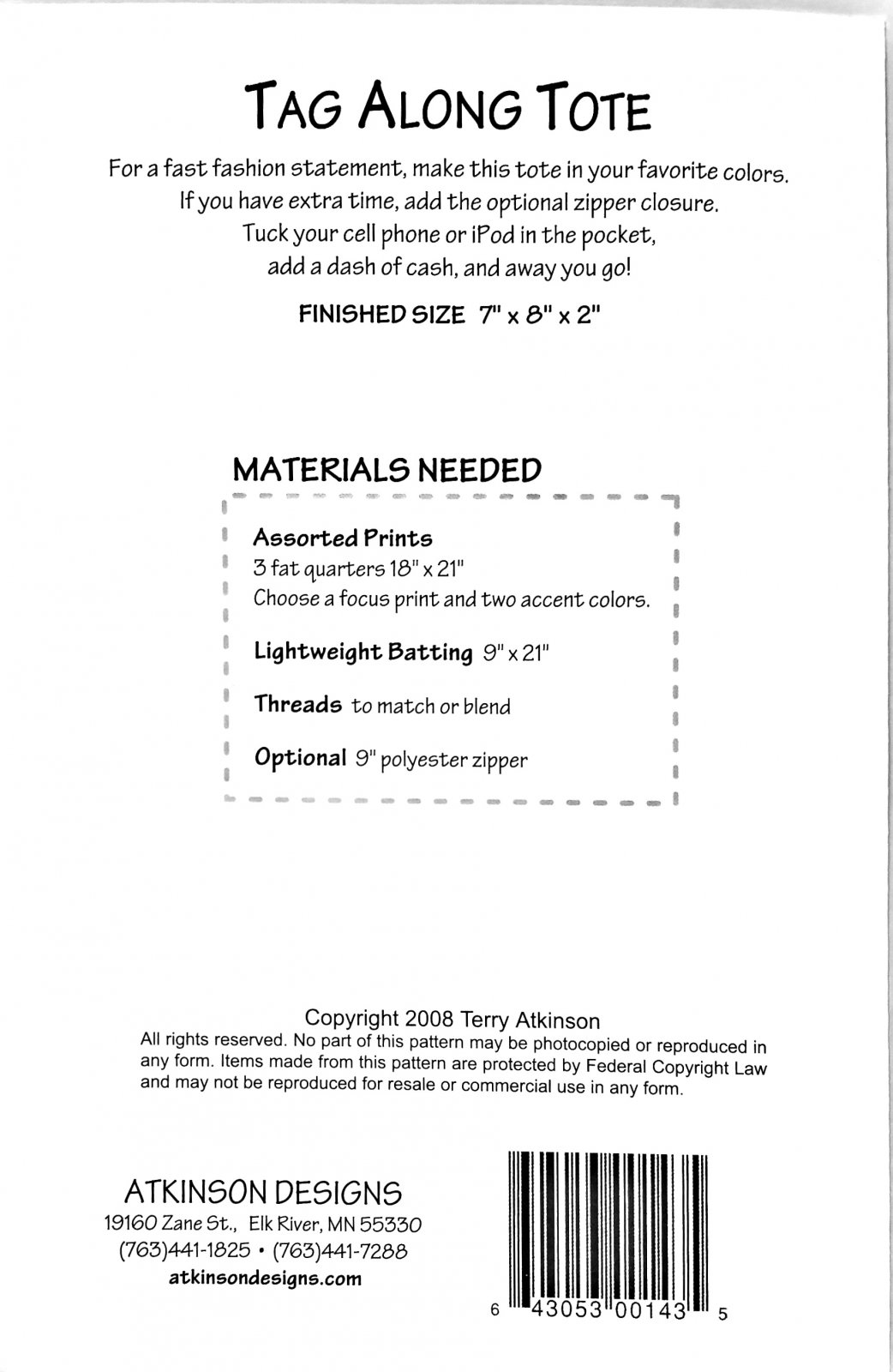 Sewing & Fiber Kits & How To Tag Along Tote by Atkinson Designs