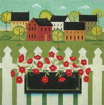 town with flower box folk art needlepoint