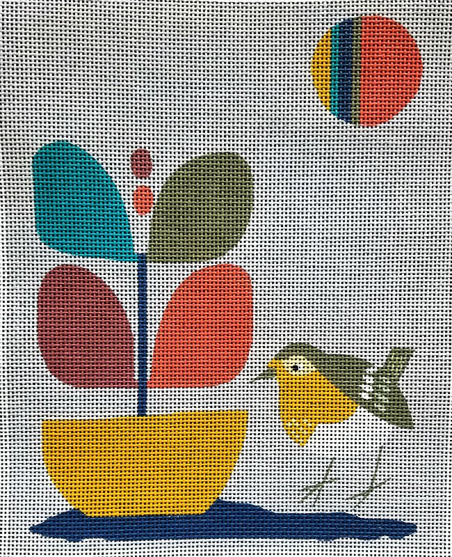 Mid Century Modern Needlepoint Bird In Garden