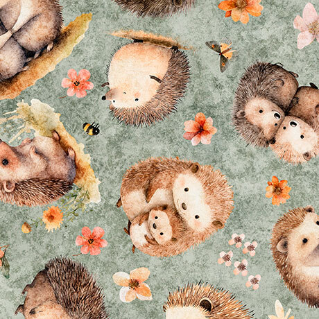Hedgehugs 31413H Sage Hedgehog Toss by Morris Creative Group for QT Fabrics