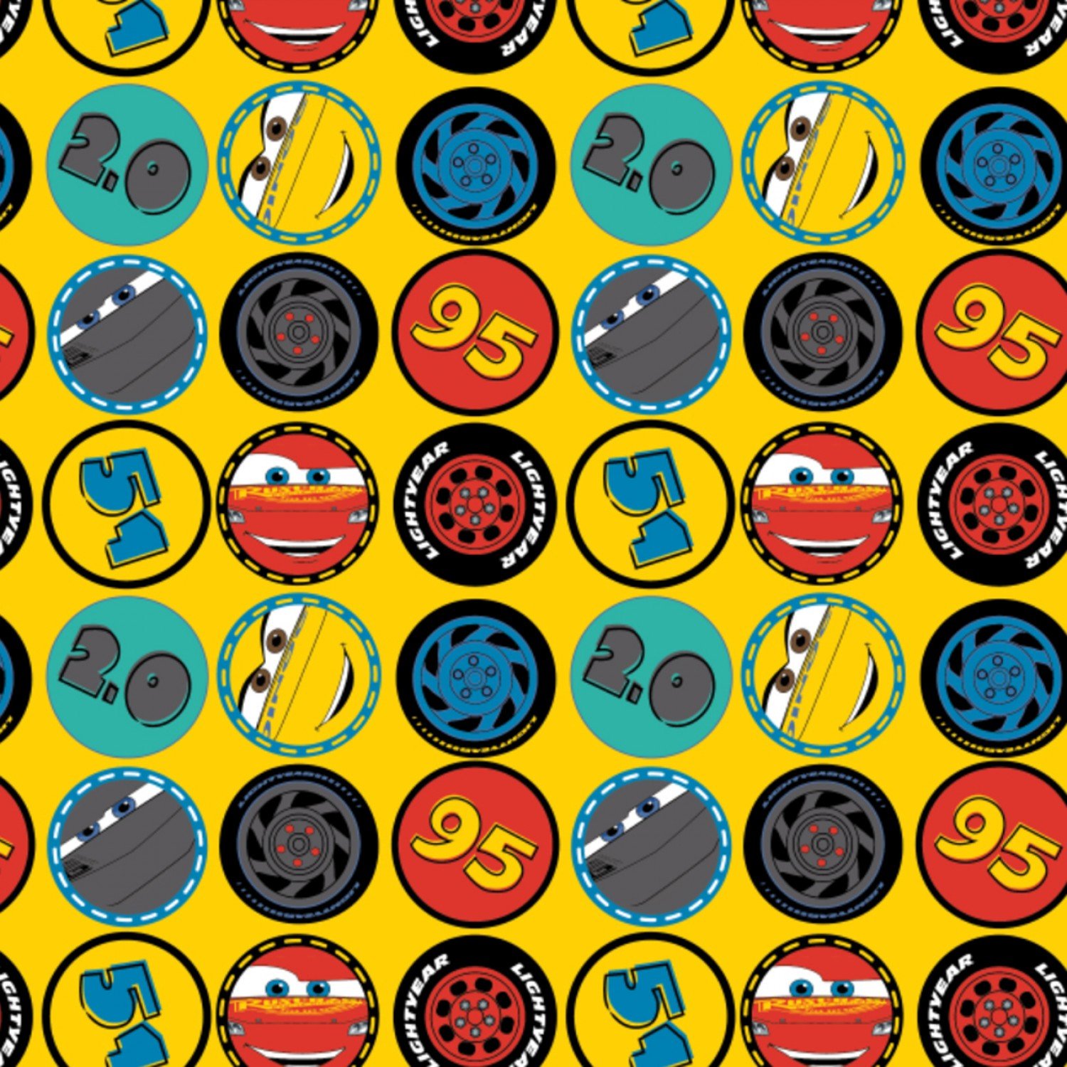 Disney Pixar Cars Wheels in Yellow Camelot 100/% cotton fabric by the yard