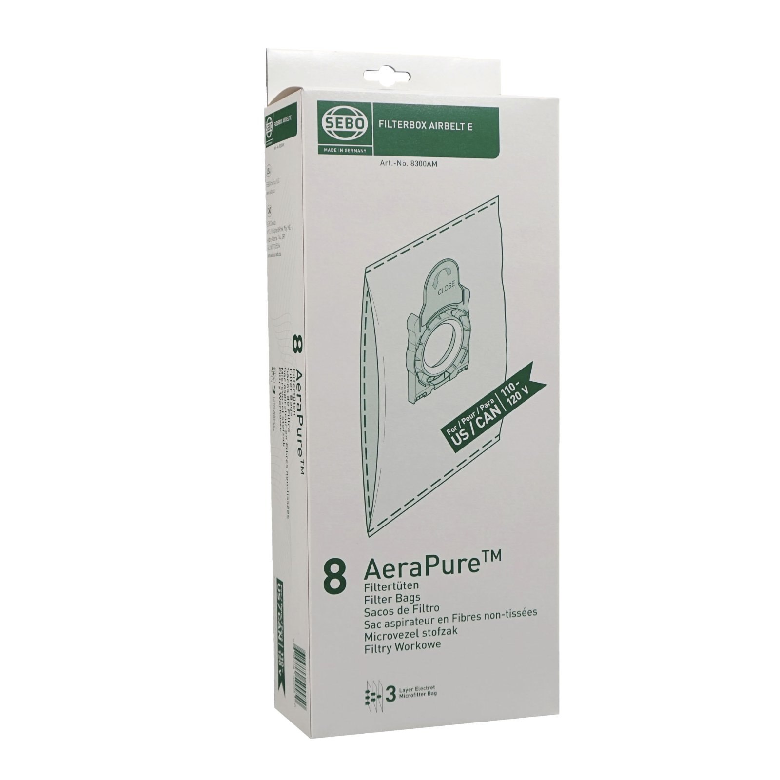 SEBO Airbelt E Filter Bag Box 8300AM – 8 Ultra AeraPure Bags with Caps for E1 E2 E3 Canister Vacuums