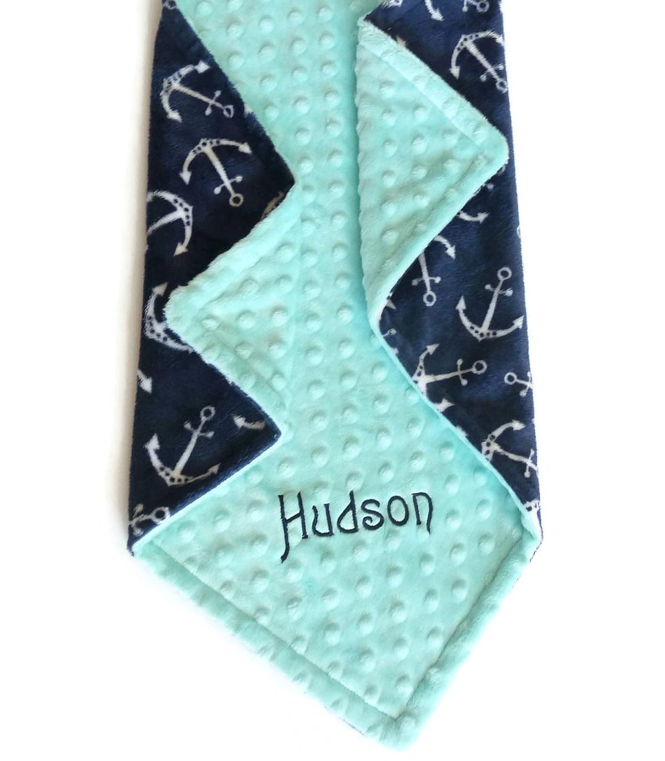 Personalized Minky Baby Blanket With A Navy Anchor Print And Saltwater Dimple Dot Back Personalized Minky Baby Blanket With A Navy Anchor Print And Saltwater Dimple Dot Back