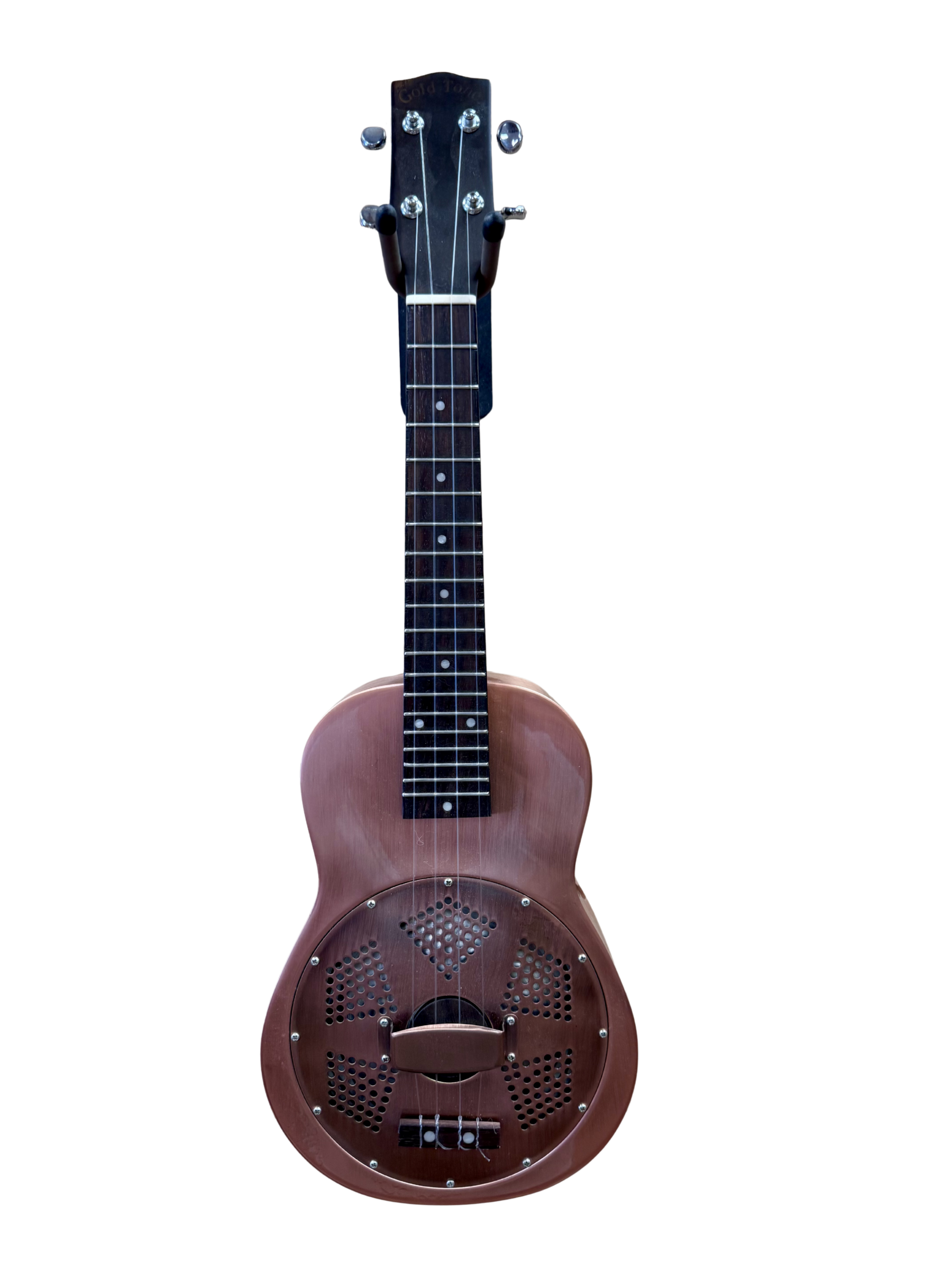 Preowned Gold Tone Brass Resonator Ukulele – Antique Copper Finish • w/ Case • Blues Machine