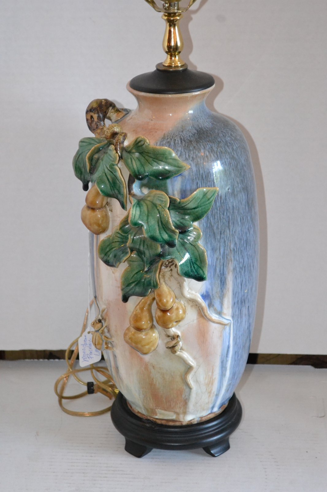 20th Century Decorative Art Mono Chromed Porcelain Lamp W Blue 20th Century Decorative Art Mono Chromed Porcelain Lamp W Blue Flame Glaze Fruit And Bug On
