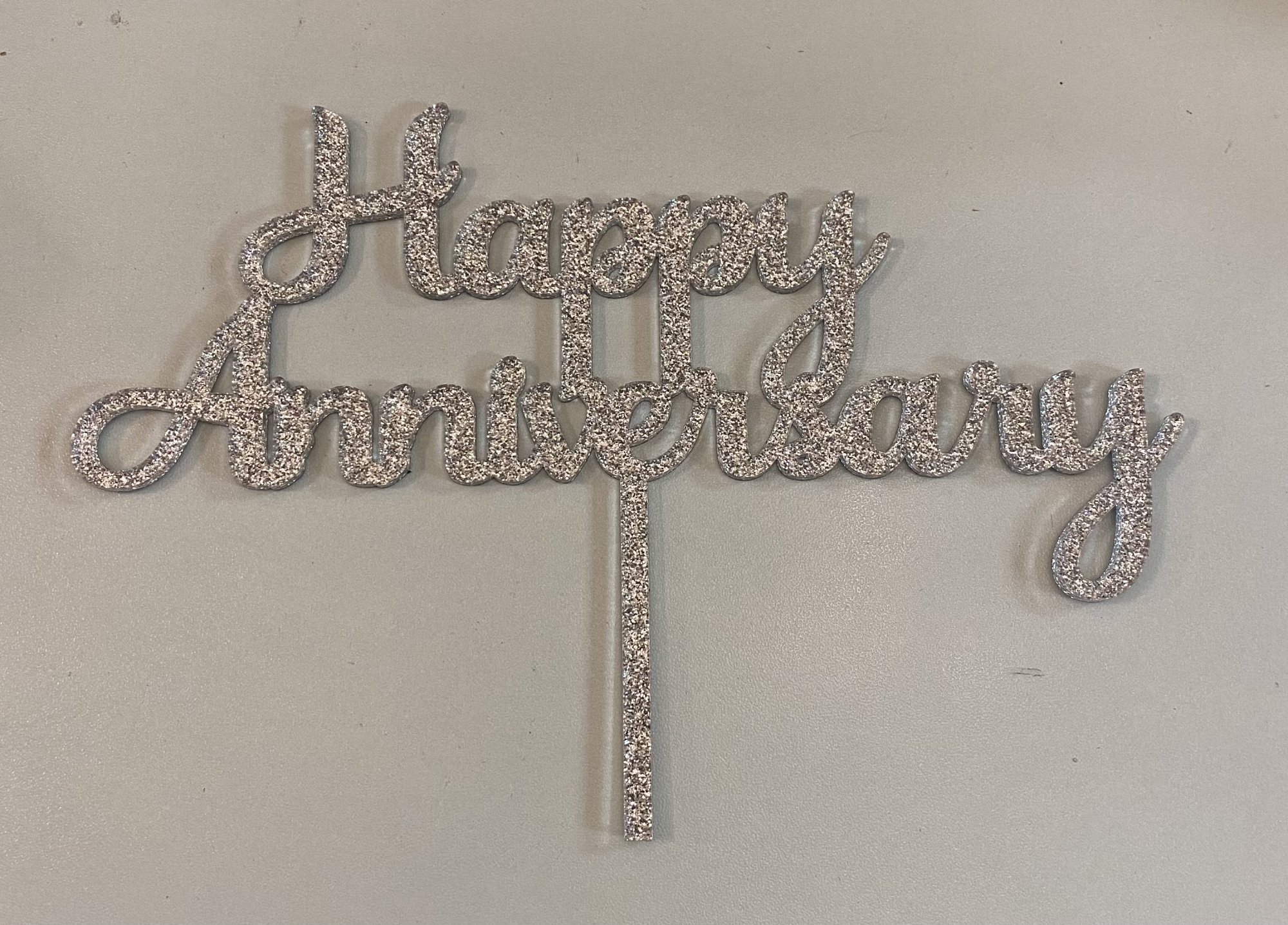 Happy Anniversary Silver Glitter Acrylic Cake Topper