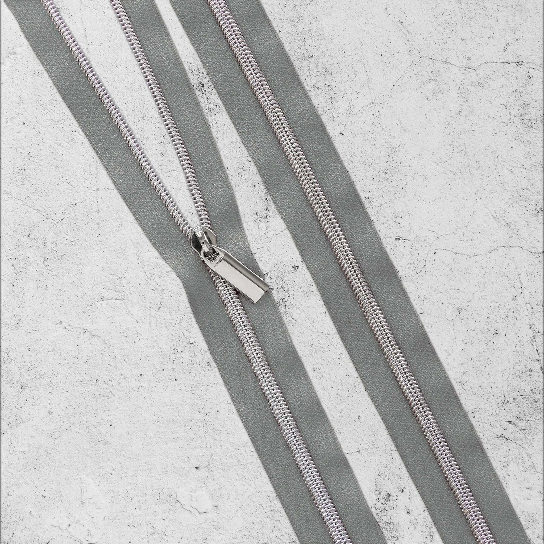 Sallie Tomato No. 5 Nylon Nickel Coil Zippers in Grey (3 Yards & 9 Pulls)