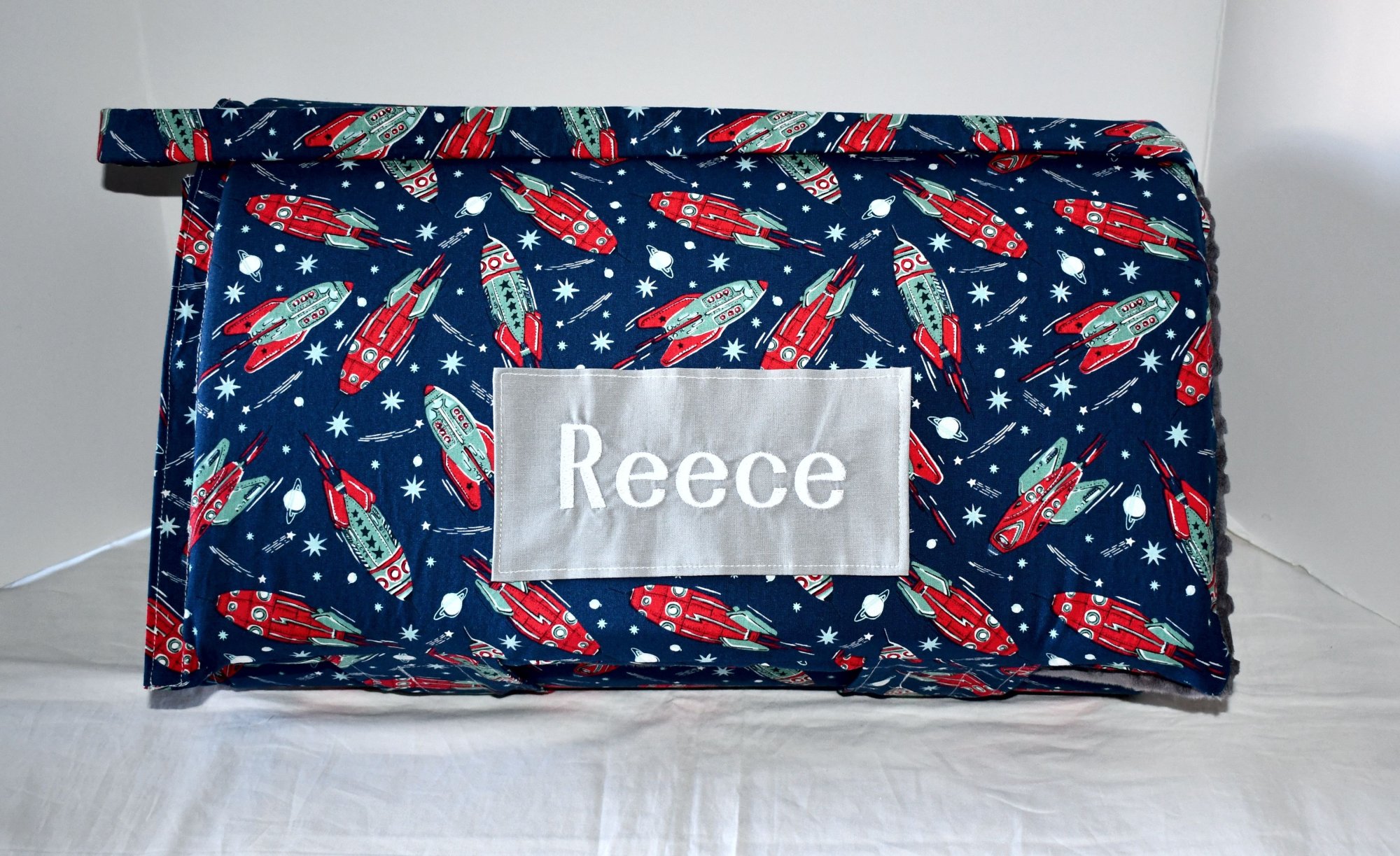 Blast Off Space Planet Solar System Rocket Navy 1.5 Memory Foam Kids Nap Mat with Grey Minky Dot Blanket