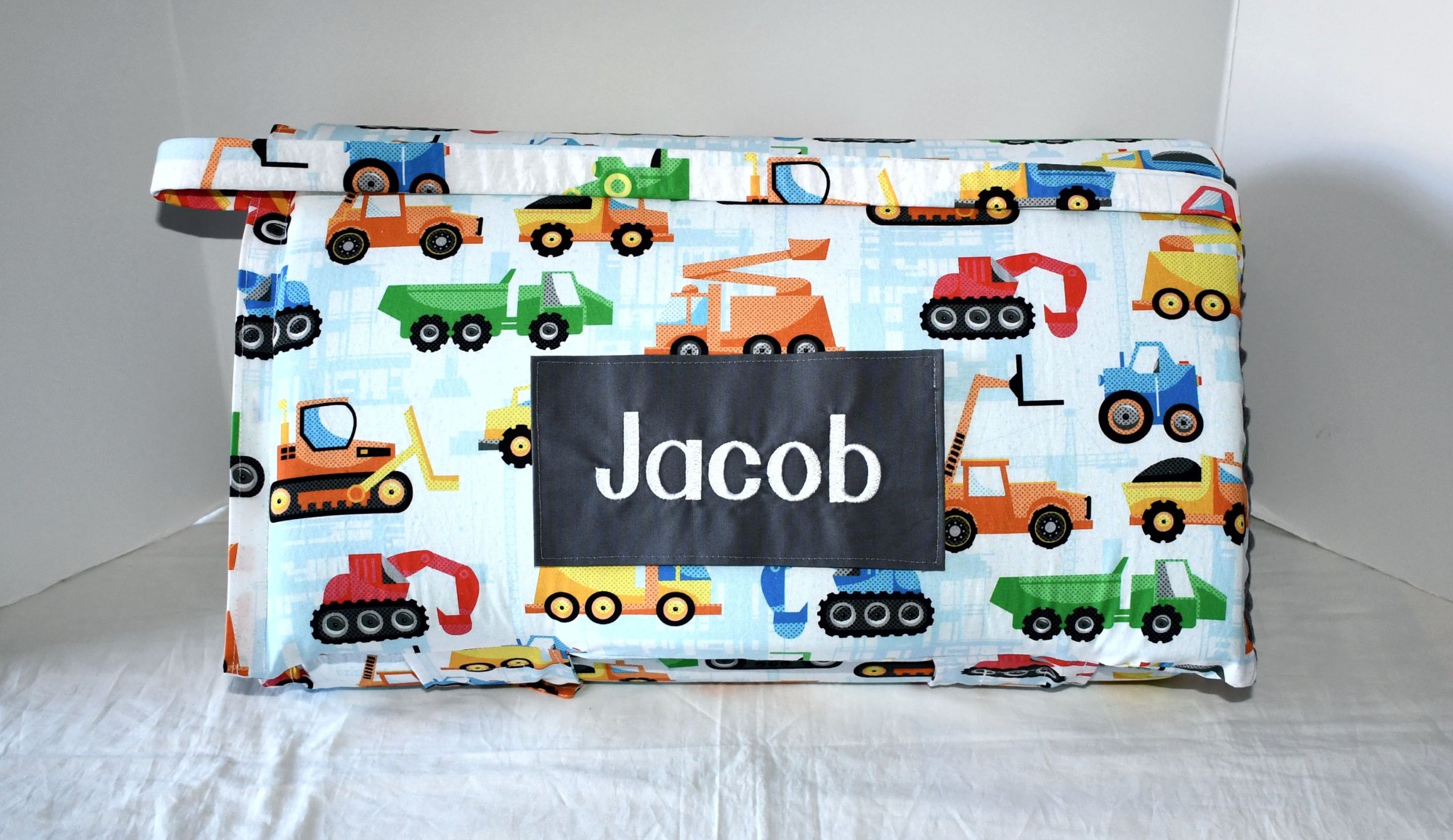 Construction Work Later Excavator Dig It Dump Trucks 1.5 Memory Foam Kids Nap Mat with Grey Minky Dot Blanket