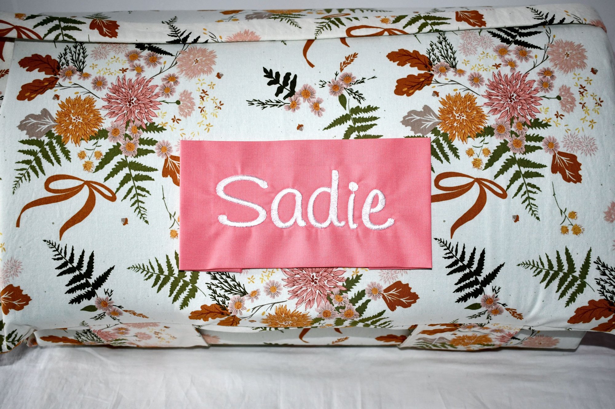 Dahlia and Fern Couture Bow Floral Flower Garden Kids Batting Nap Mat with a Blush Minky Dot Blanket