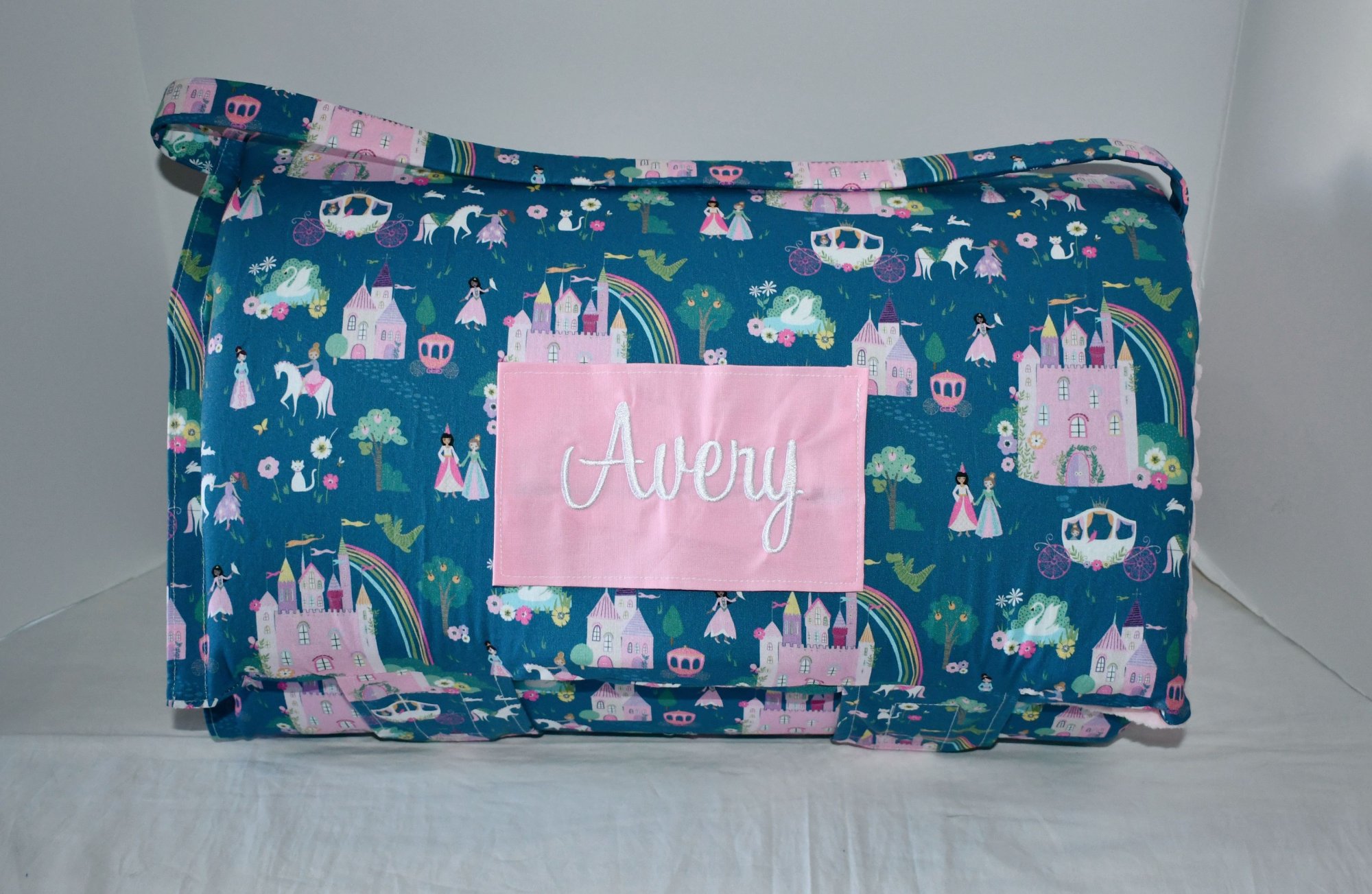 Fairy Tale Princess Castle Carriage Floral Flower 1.5 Memory Foam Kids Nap Mat with Light Pink Minky Dot Blanket