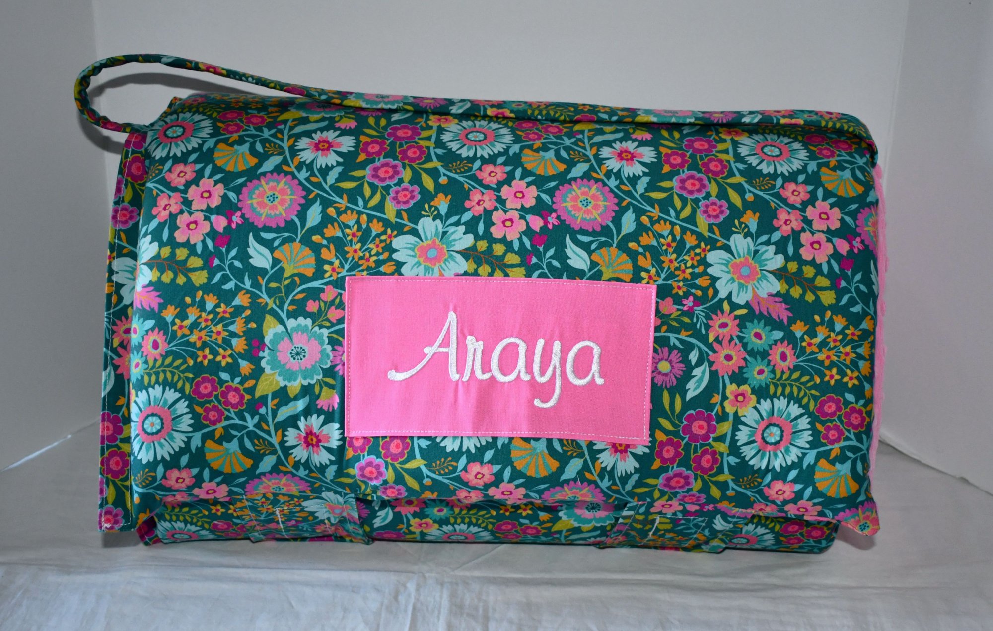 Green Happy Wild Blooms Daisy Flower Floral 1.5 Memory Foam Kids Nap Mat with Pink Minky Dot Blanket