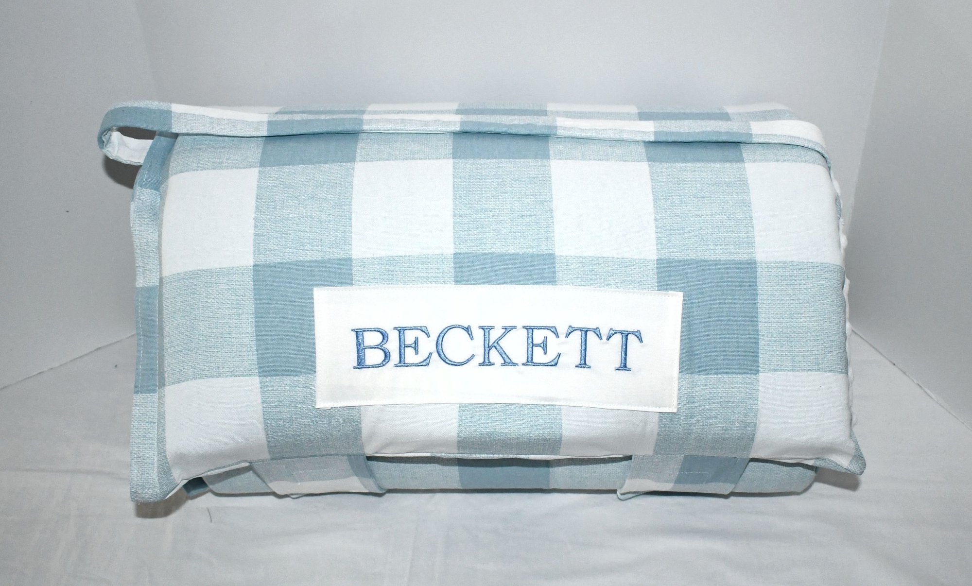 Light Blue Buffalo Plaid Check Kids 2 Memory Foam Nap Mat with a White Minky Dot Blanket