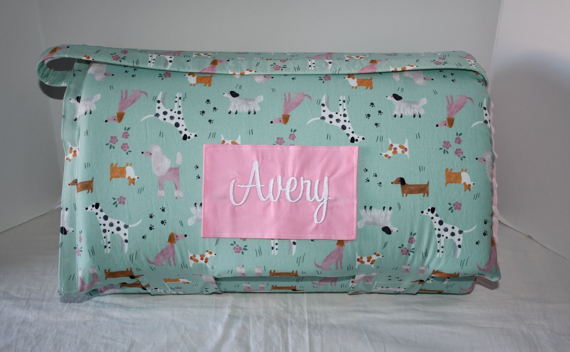 Doggy Animal Puppy Dog Pet Flower Floral Garden Mint 2 Memory Foam Kids Nap Mat with Light Pink Minky Dot Blanket