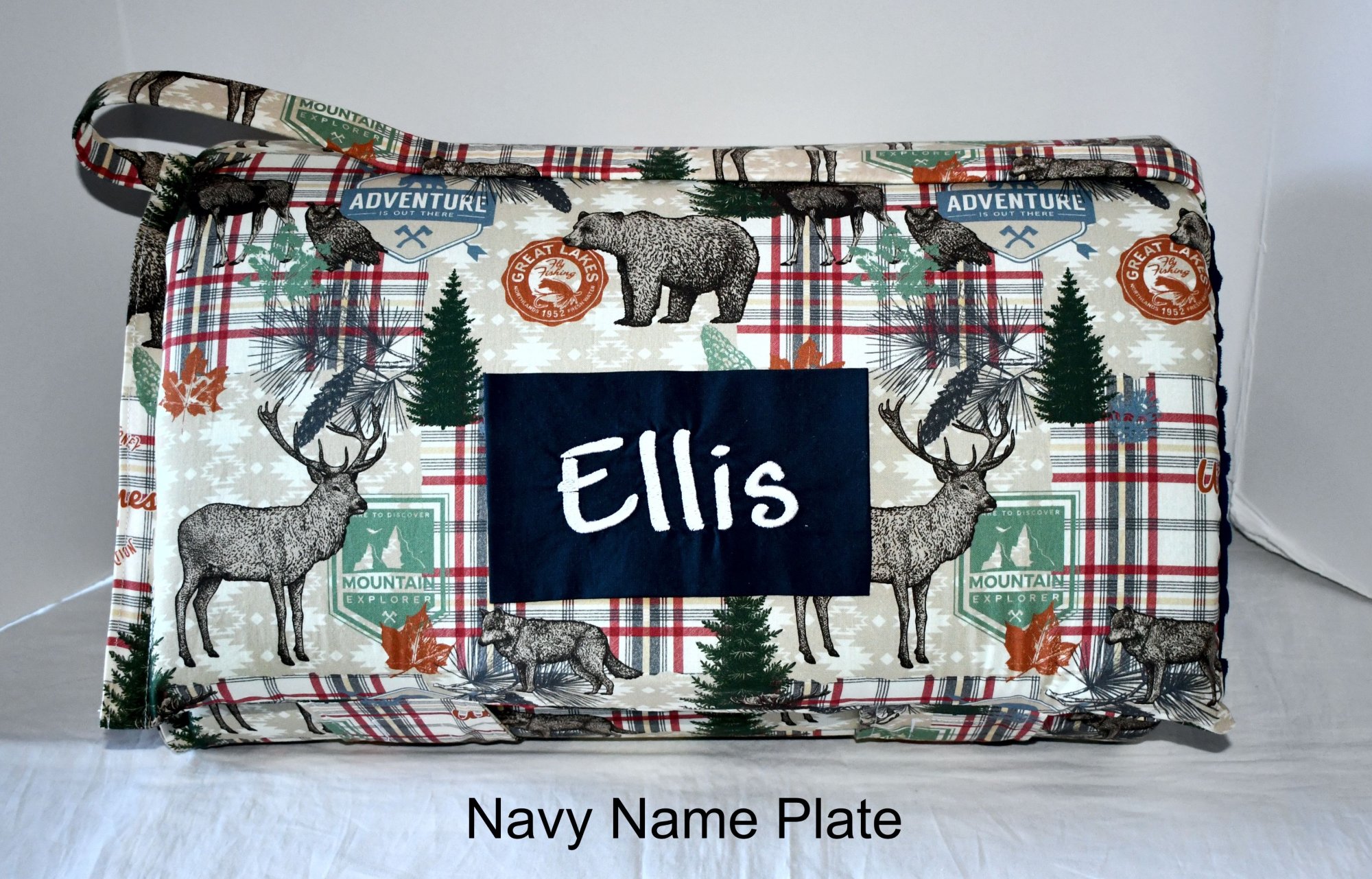 Wild Blue Yonder Plaid Forest Camp Animal Hunting Outdoor 2 Memory Foam Kids Nap Mat with Navy Minky Dot Blanket