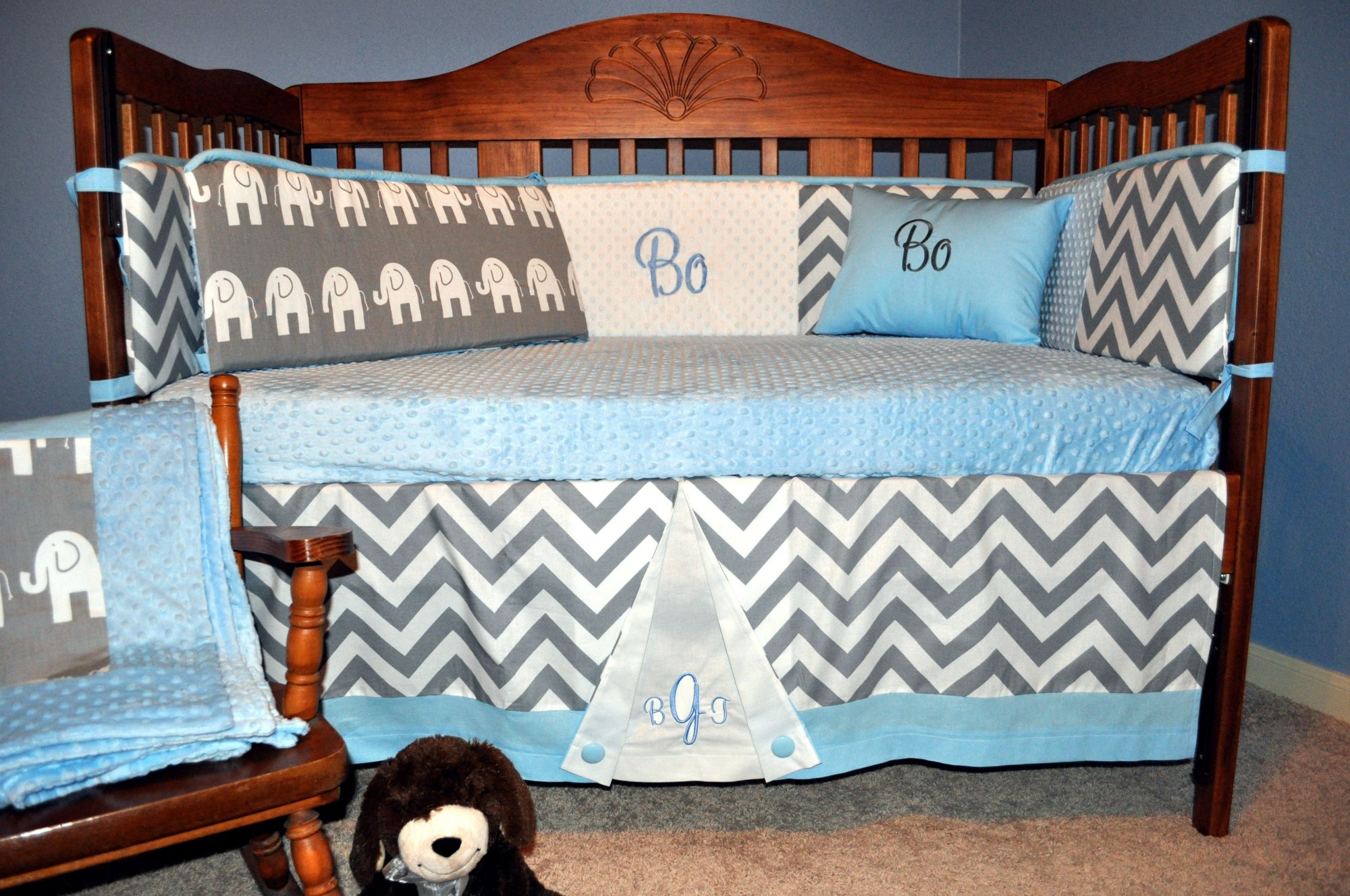Monogram Ele Elephant And Chevron 3 Piece Baby Boy Bedding Set