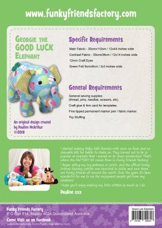 Funky Friends Factory Stuffed Animal Toy Sewing Pattern Pauline McArthur Georgie the GOOD LUCK ELEPHANT Cute Adorable Squeeze