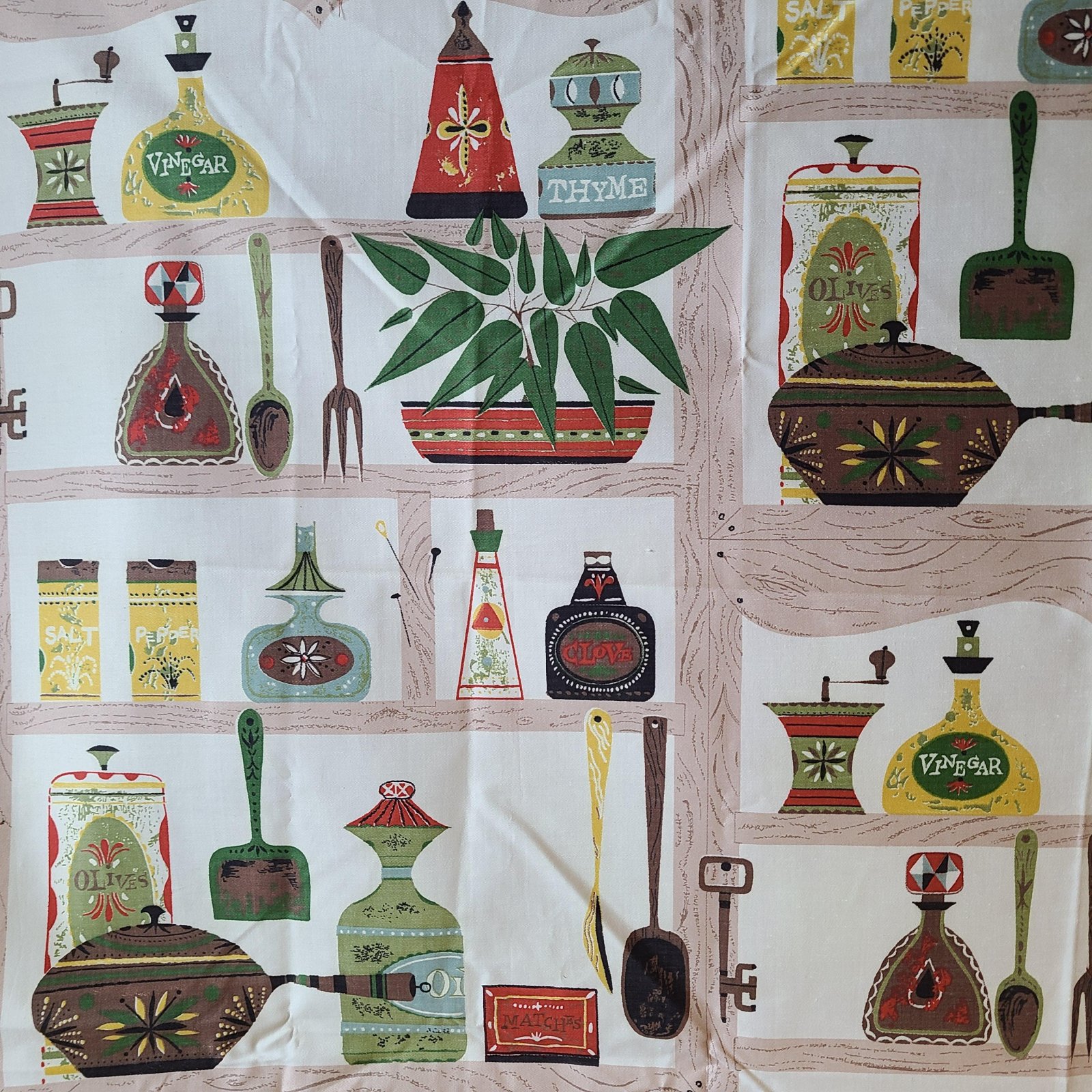 Rare, Last Piece! True Vintage Glazed Cotton Retro Kitchen Everglaze Washable Kitsch Spice Herb Cooking Motif Mid Century MCM Fabric Fabric V1B