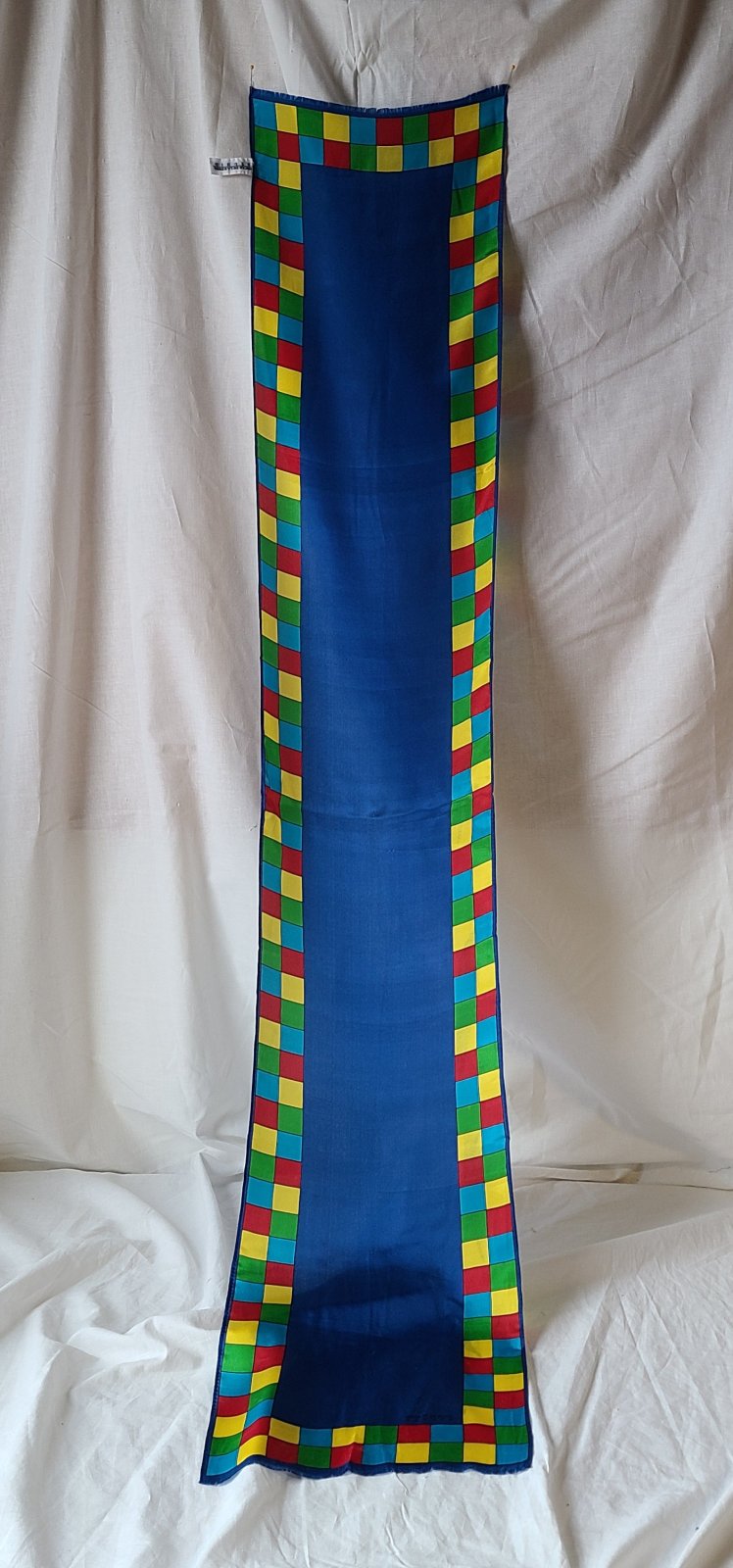 Vintage 11 x 58 Long Rectangle Oscar de la Renta Studio Scarf. Bold Colorful Check Primary Blue Yellow Red Green Fashion VTS139