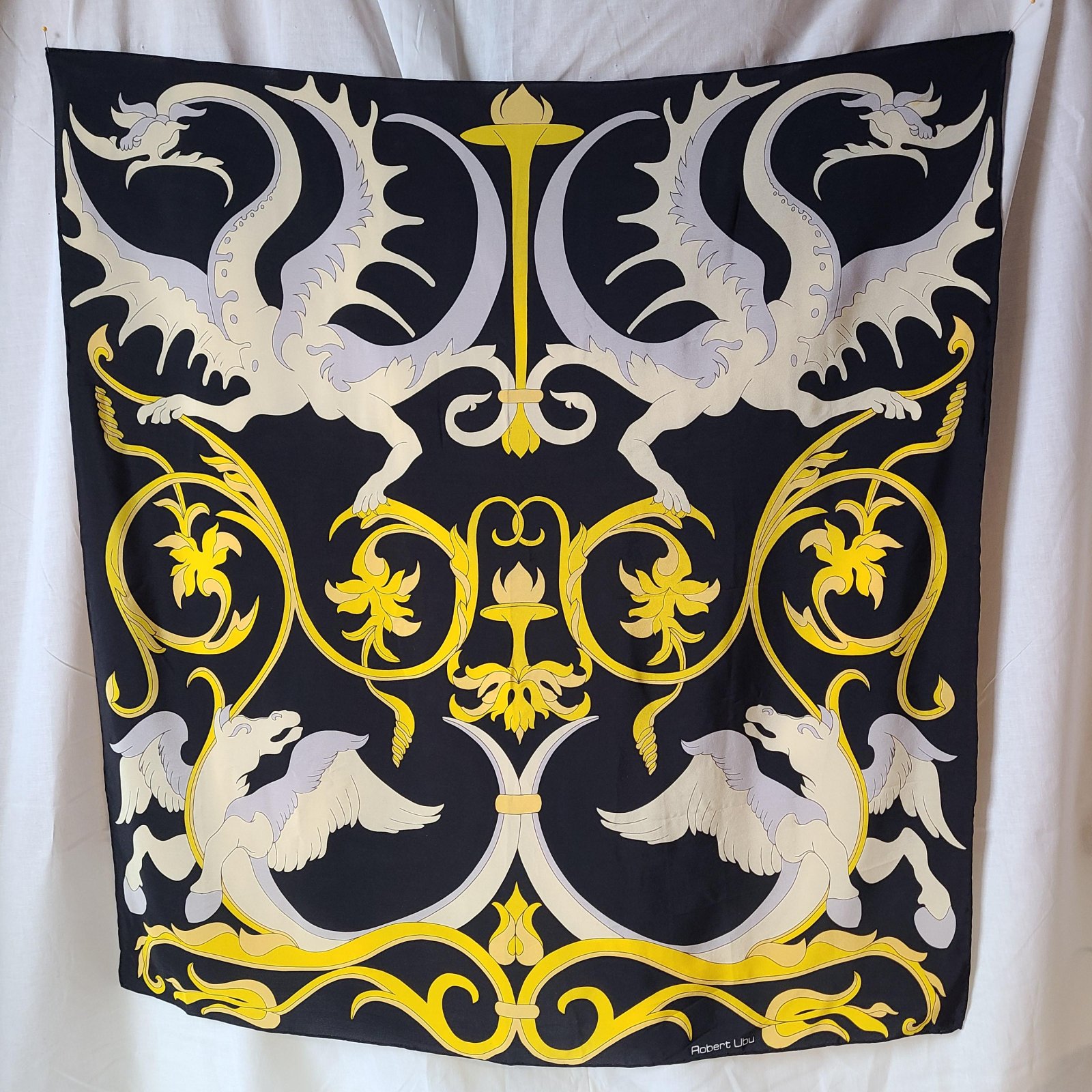 Vintage 34 Robert Ubu Scarf, Pegasus Mythical Dragon Gold Silver and Black Scroll Baroque Fashion VTS136