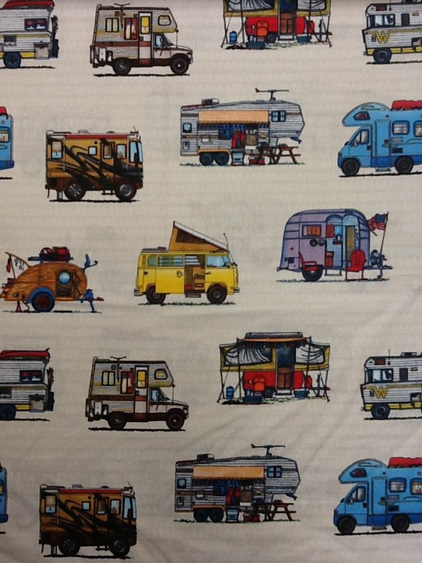Retro Camper Trailer RV Pop Up Kitschy Cream Background Cotton Quilting