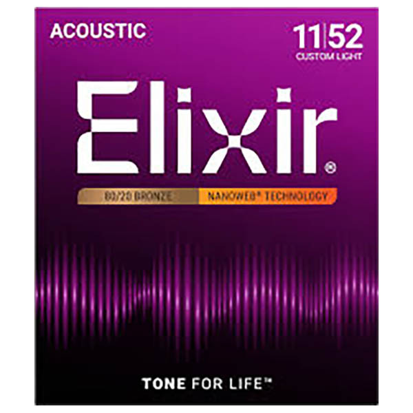 Elixir 80/20 Bronze Nanoweb Coated Acoustic Guitar Strings, Custom Light (11 - 52)