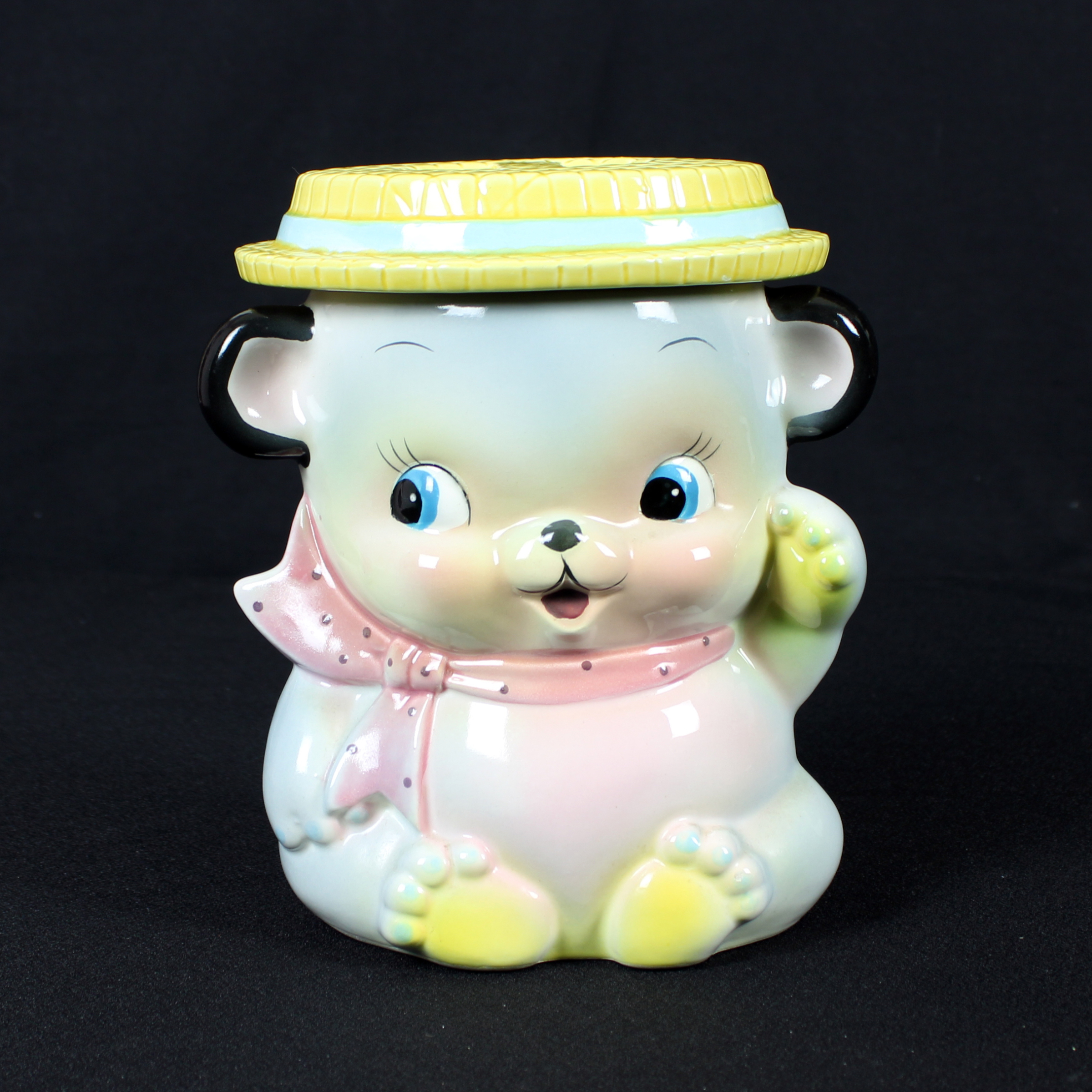 Vintage Rubens Originals Waving Bear Ceramic # 575 Cookie Jar, Japan 1950s