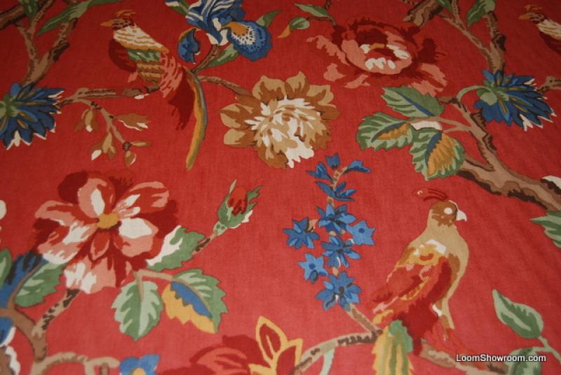RL115 Ralph Lauren Bird and Flowers Tree Branches Red background Linen