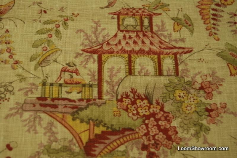 Rl557 Ralph Lauren Chinoiserie Garden Asia Toile Linen Fabric Heavy Rl557 Ralph Lauren Chinoiserie Garden Asia Toile Linen Fabric Heavy Weight Dry Cream Rose Sage And Gold Tea House Colorway