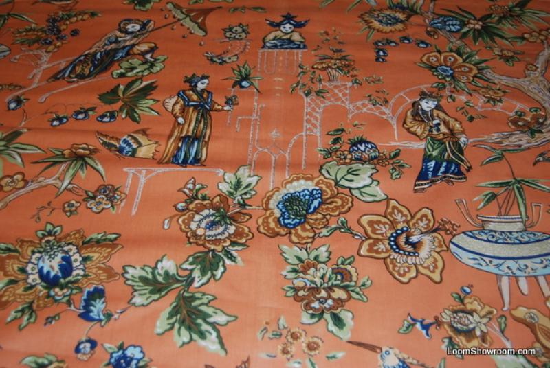 WB145X Vintage Chintz Toile Asian People Scotchguard Orange Yellow