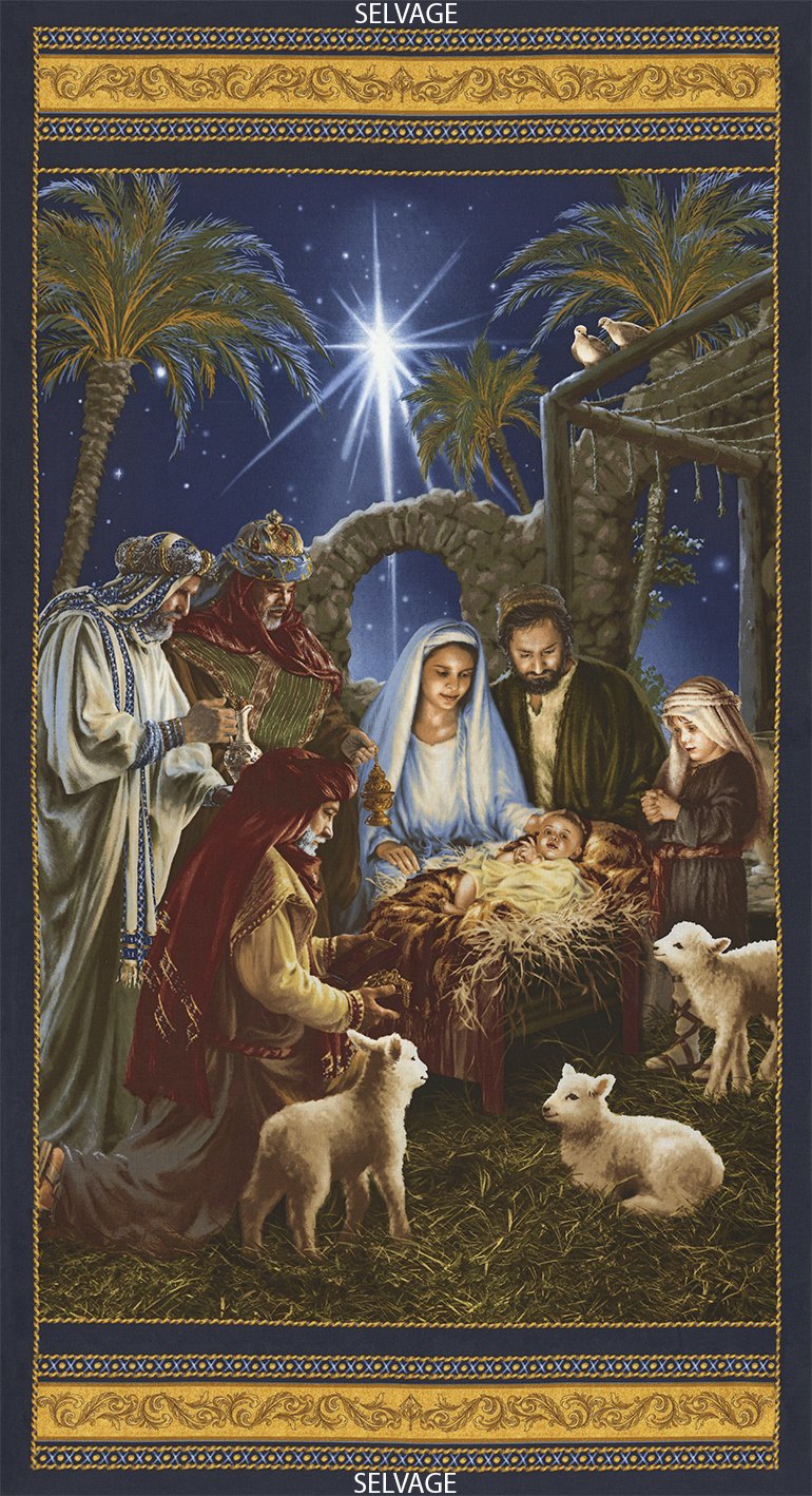 Timeless Treasures Dona Christmas Religious Manger Nativity Scene 24 Inch Panel C4965 Navy 
