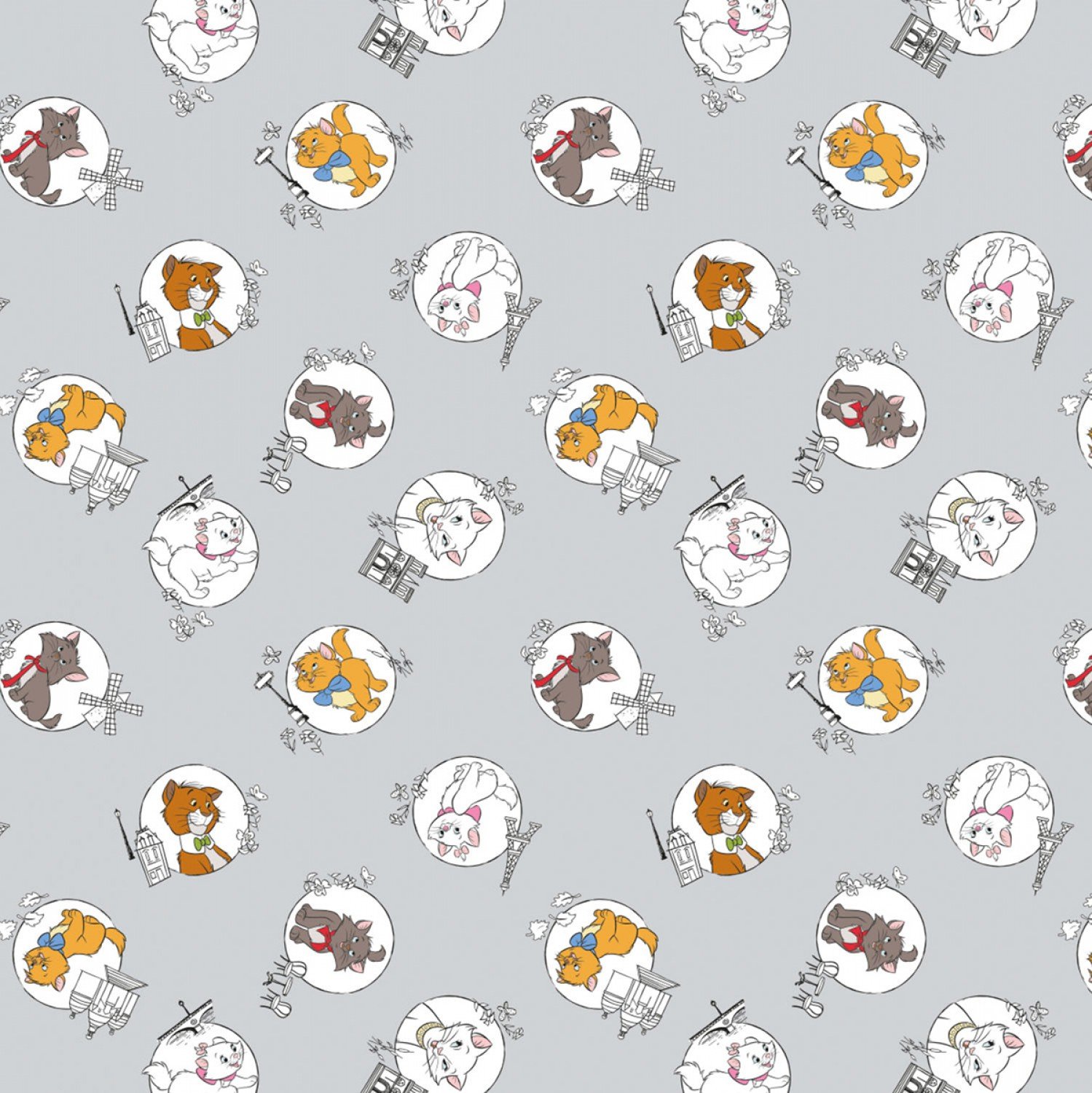 Camelot Disney 85030103 3 Lt Gray Aristocats Character Toss Cotton Fabric