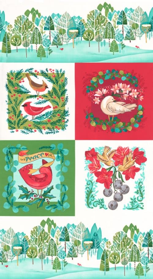 Winterly Christmas Bird Fabric Panel 