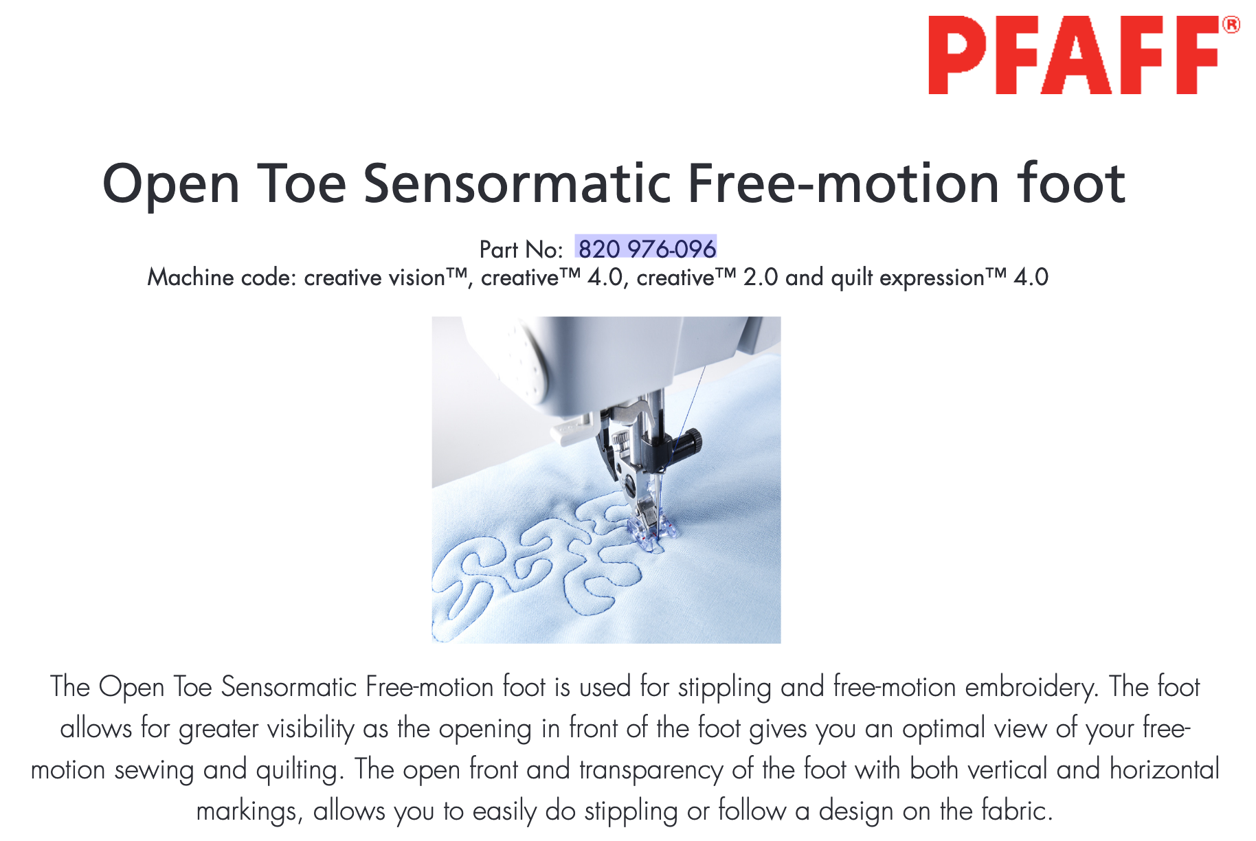 Pfaff Open Toe Sensormatic Free Motion Foot # 820976096