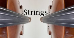 Two cellos surround the word strings.