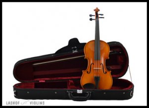 A student quality violin stands up in a violin case. A violin bow is secured inside the case.