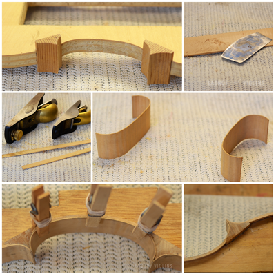 Several photos show internal wooden corner blocks glued to a violin-making template, two scraped and planed violin ribs have been bent into c shapes, the c-shaped ribs are clamped to the blocks on the template, and finally the ribs are glued to the corner blocks.