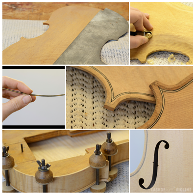Several photos show a metal template on a violin top, a hand planes a violin top, a hand holds a piece of purfling, the top and back of a violin featuring the inlaid purfling, the back of a violin is glued to the violin ribs, and a close up of a violin f hole.