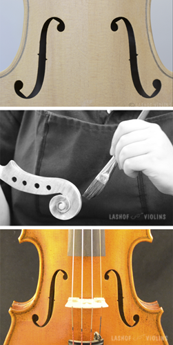 Three photos. The close up of an unfinished violin top. A person holds a brush and applies varnish to a violin scroll. A close up of a completely finished violin set up with strings.